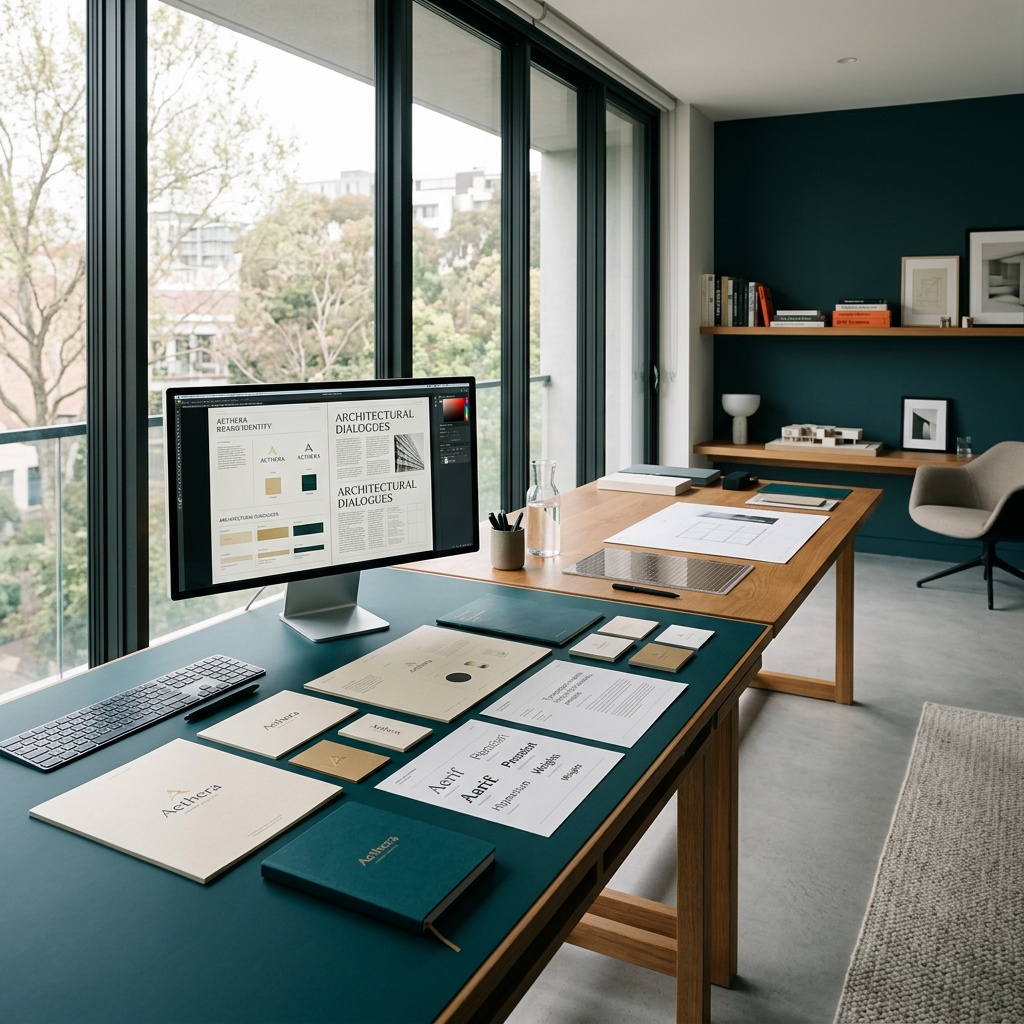 Laksharc Design Studio workspace showing creative process, identity design proofs and strategy